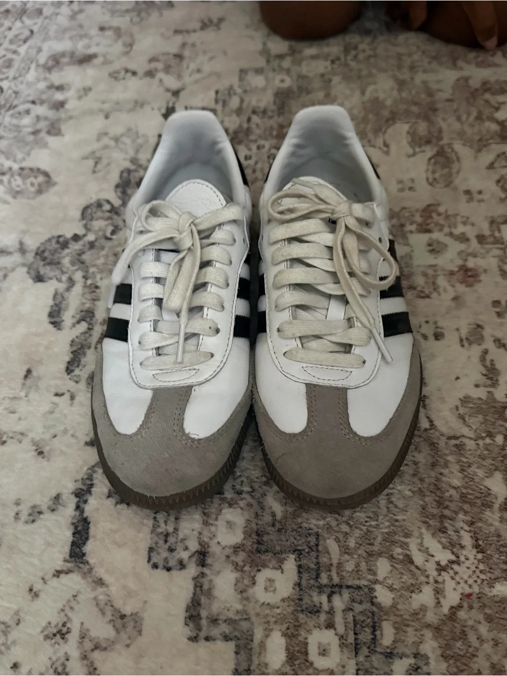 adidas White Sneakers with Taupe Suede and Black Stripes